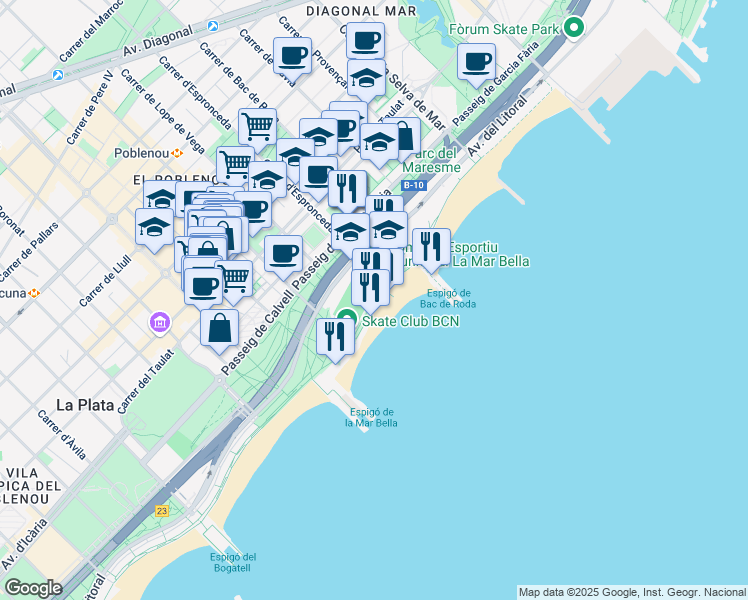 map of restaurants, bars, coffee shops, grocery stores, and more near Passeig Marítim del Bogatell in Barcelona