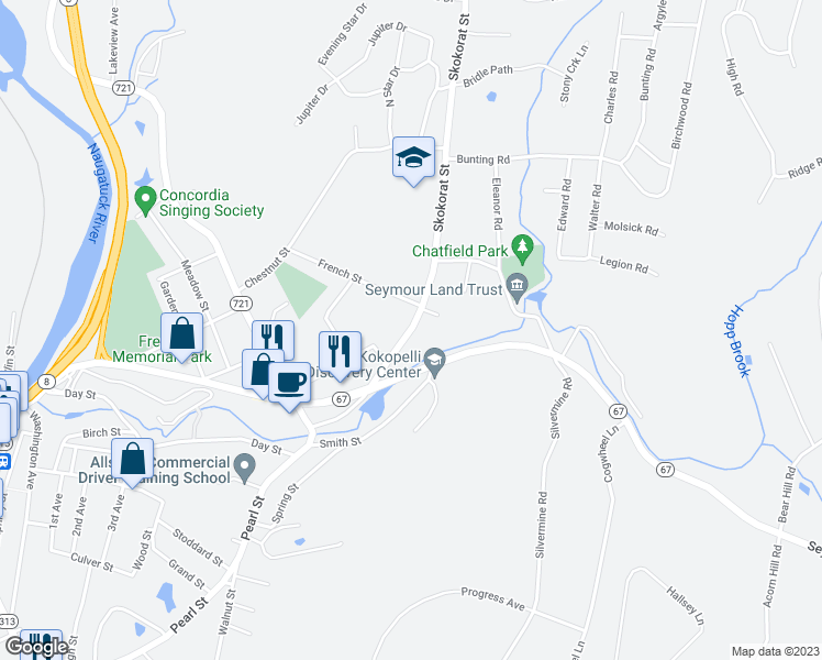 map of restaurants, bars, coffee shops, grocery stores, and more near 16 Skokorat Street in Seymour