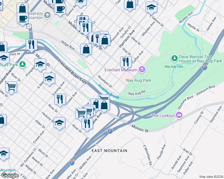map of restaurants, bars, coffee shops, grocery stores, and more near 1818 Roselynn Street in Scranton