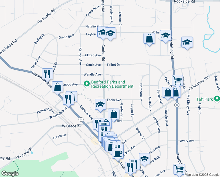 map of restaurants, bars, coffee shops, grocery stores, and more near 31 Ennis Avenue in Bedford