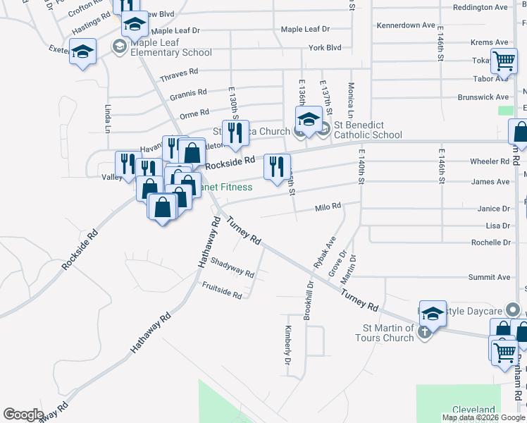 map of restaurants, bars, coffee shops, grocery stores, and more near 12850 Milo Road in Garfield Heights