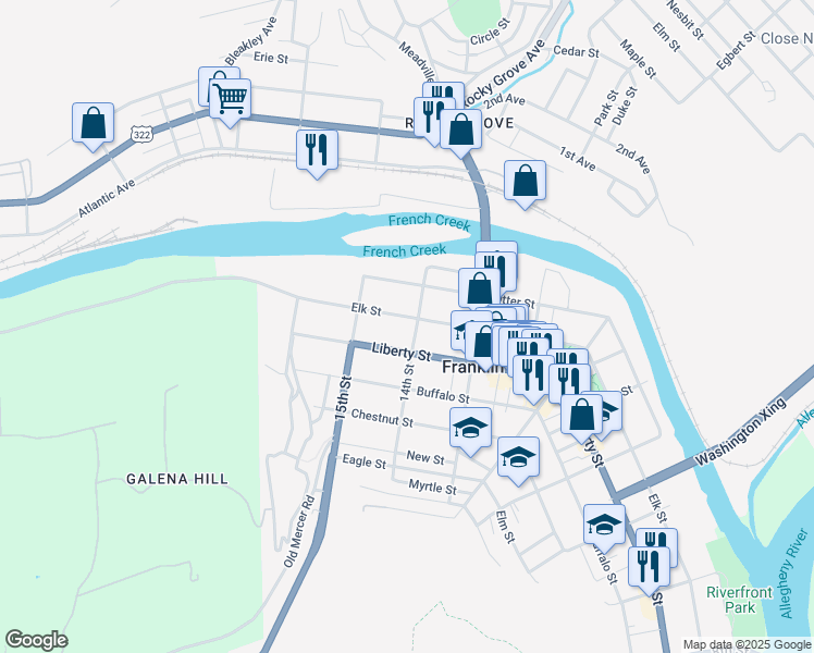 map of restaurants, bars, coffee shops, grocery stores, and more near 1409 Elk Street in Franklin
