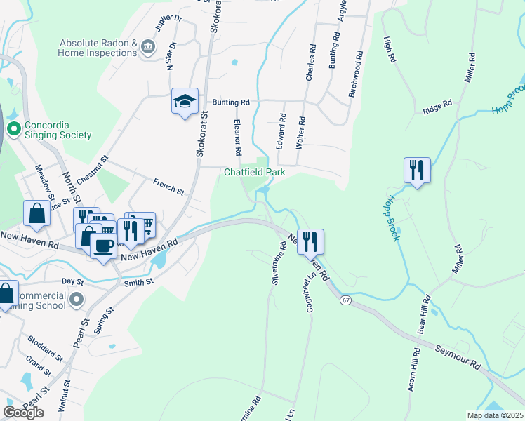map of restaurants, bars, coffee shops, grocery stores, and more near 107 New Haven Road in Seymour