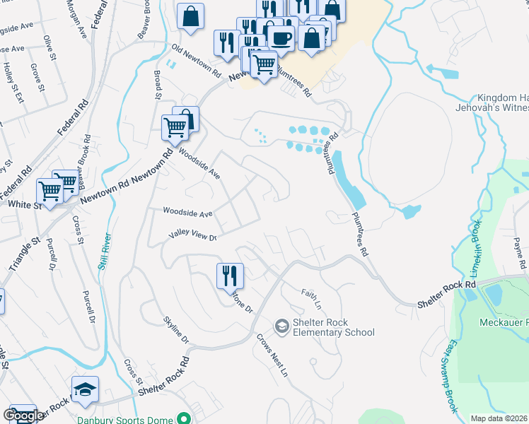 map of restaurants, bars, coffee shops, grocery stores, and more near 2 Garry Knolls in Danbury
