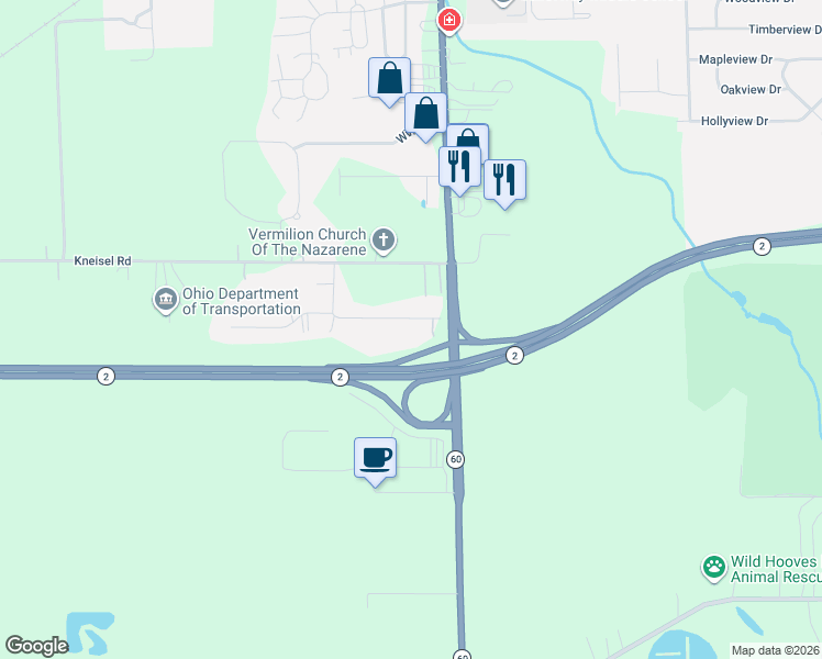 map of restaurants, bars, coffee shops, grocery stores, and more near 110 Sassafras Drive in Vermilion