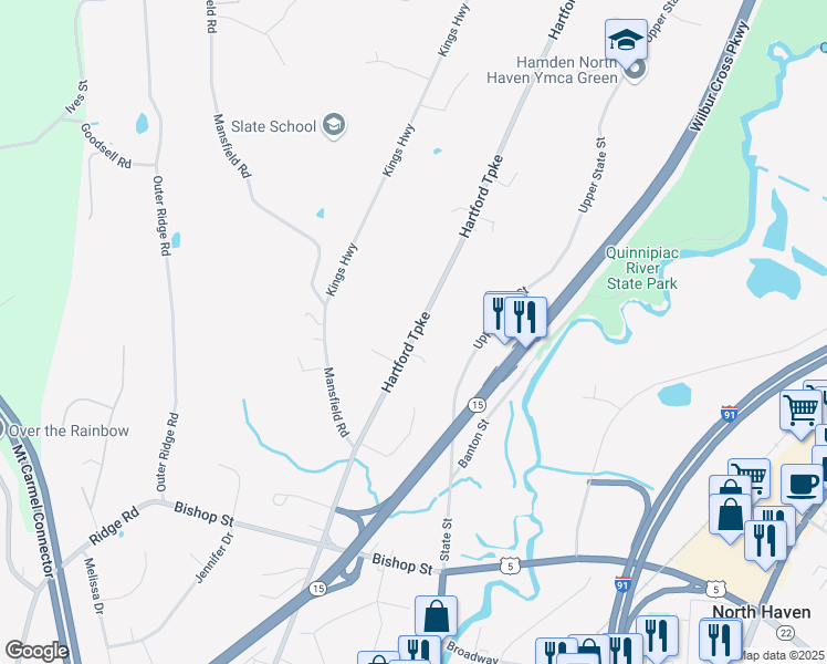 map of restaurants, bars, coffee shops, grocery stores, and more near 1598 Hartford Turnpike in North Haven