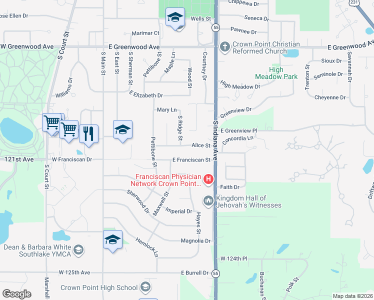 map of restaurants, bars, coffee shops, grocery stores, and more near 600-716 East Franciscan Street in Crown Point