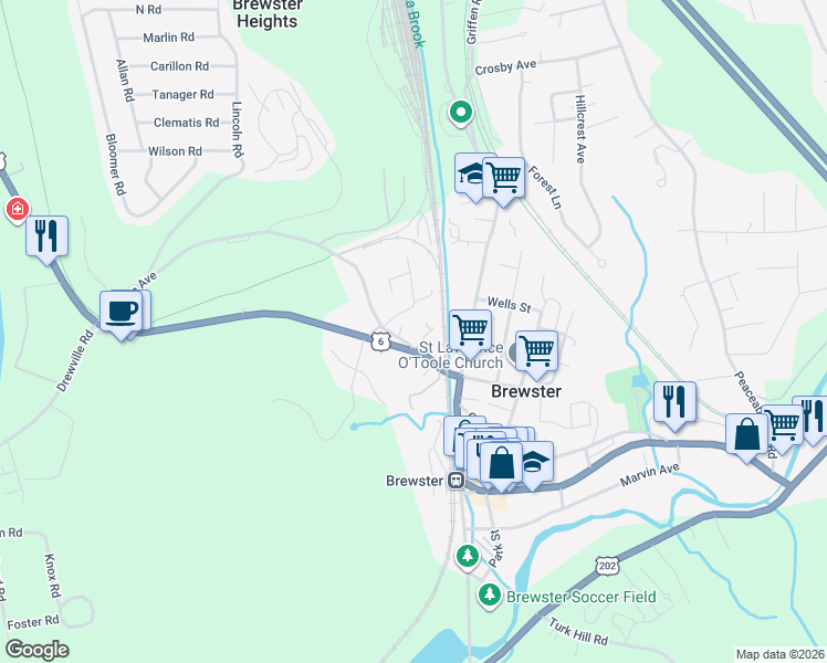 map of restaurants, bars, coffee shops, grocery stores, and more near 2623 U.S. 6 in Brewster