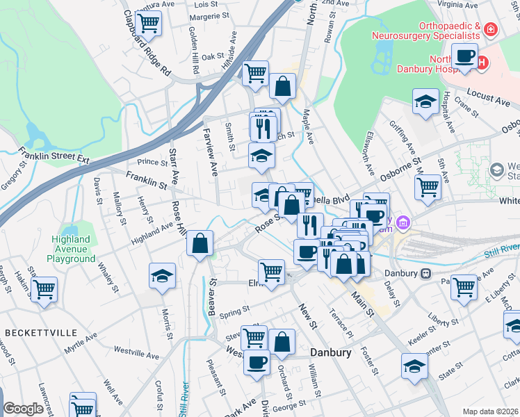 map of restaurants, bars, coffee shops, grocery stores, and more near 25 Rose Street in Danbury