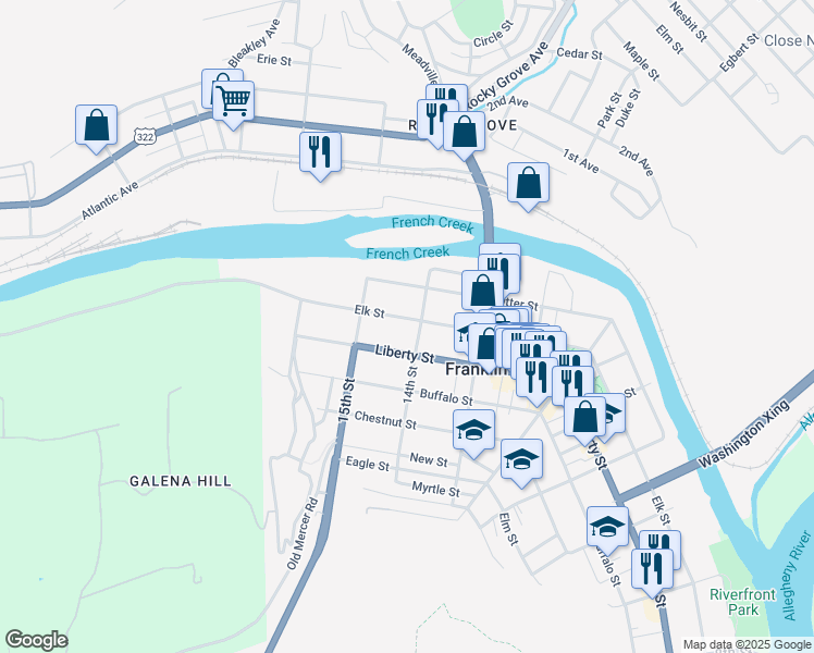map of restaurants, bars, coffee shops, grocery stores, and more near 1409 Elk Street in Franklin