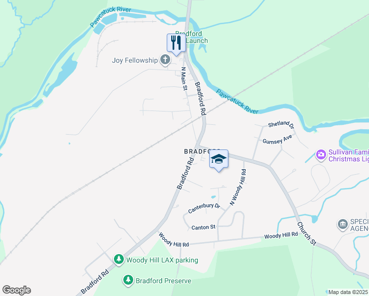 map of restaurants, bars, coffee shops, grocery stores, and more near 338 Bradford Road in Westerly
