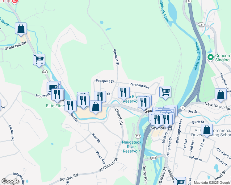 map of restaurants, bars, coffee shops, grocery stores, and more near 200 Bank Street in Seymour
