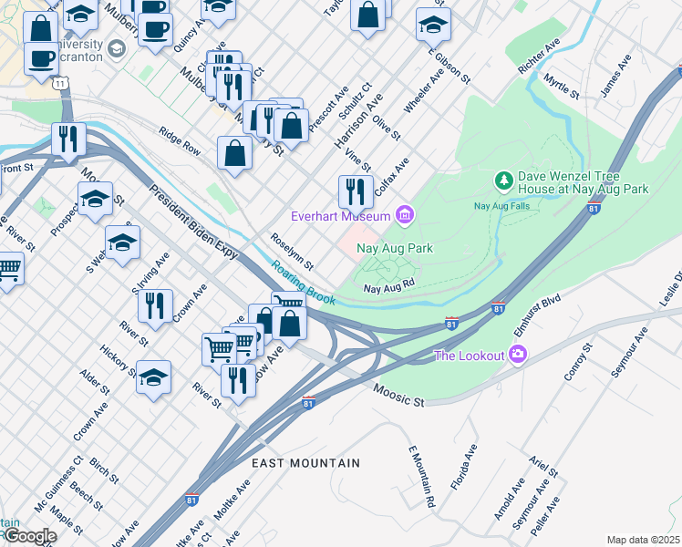 map of restaurants, bars, coffee shops, grocery stores, and more near Nay Aug Rd in Scranton