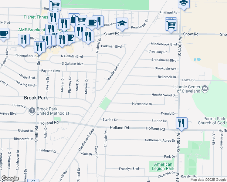 map of restaurants, bars, coffee shops, grocery stores, and more near 5994 Middlebrook Boulevard in Brook Park
