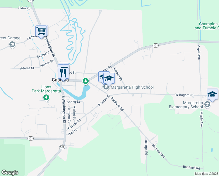 map of restaurants, bars, coffee shops, grocery stores, and more near 209 Lowell Street in Castalia
