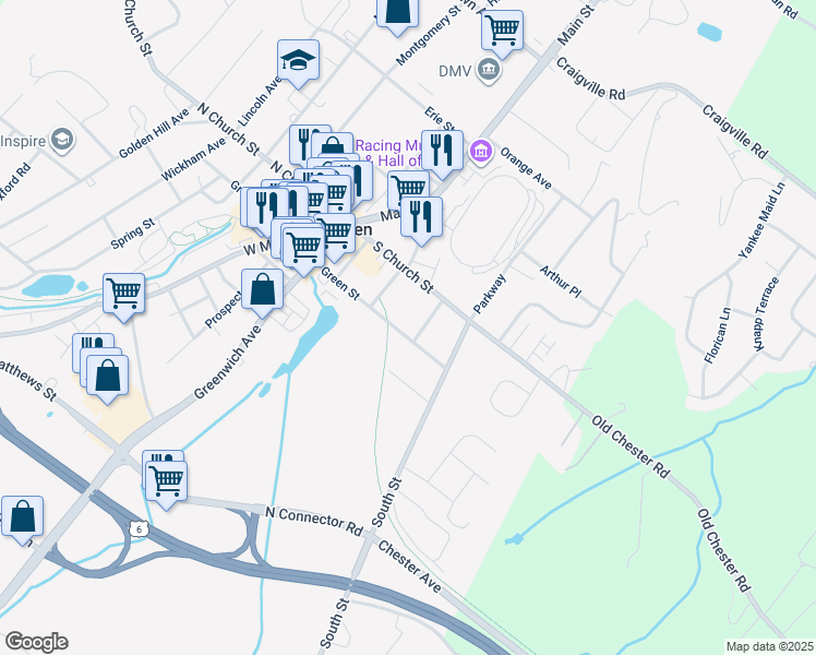 map of restaurants, bars, coffee shops, grocery stores, and more near 30 Phillips Place in Goshen