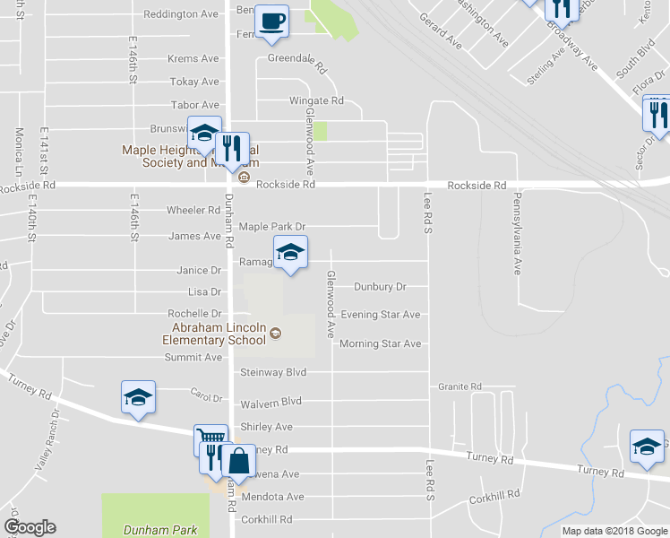 map of restaurants, bars, coffee shops, grocery stores, and more near 15618 Ramage Avenue in Maple Heights