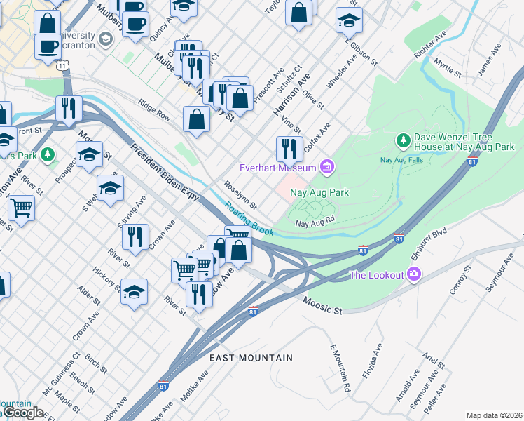 map of restaurants, bars, coffee shops, grocery stores, and more near 1818 Roselynn Street in Scranton