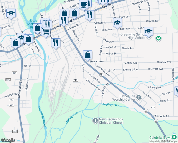map of restaurants, bars, coffee shops, grocery stores, and more near 1 Lancaster Avenue in Greenville