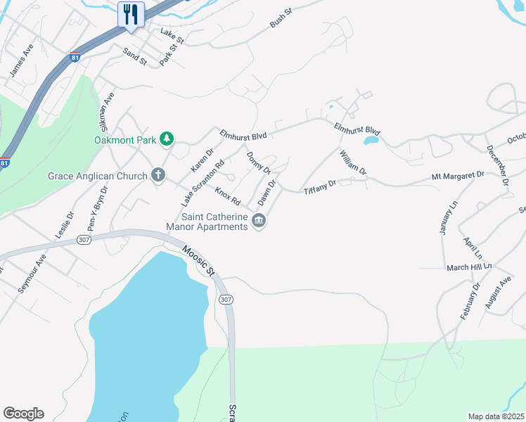 map of restaurants, bars, coffee shops, grocery stores, and more near Skytop Manor in Dunmore