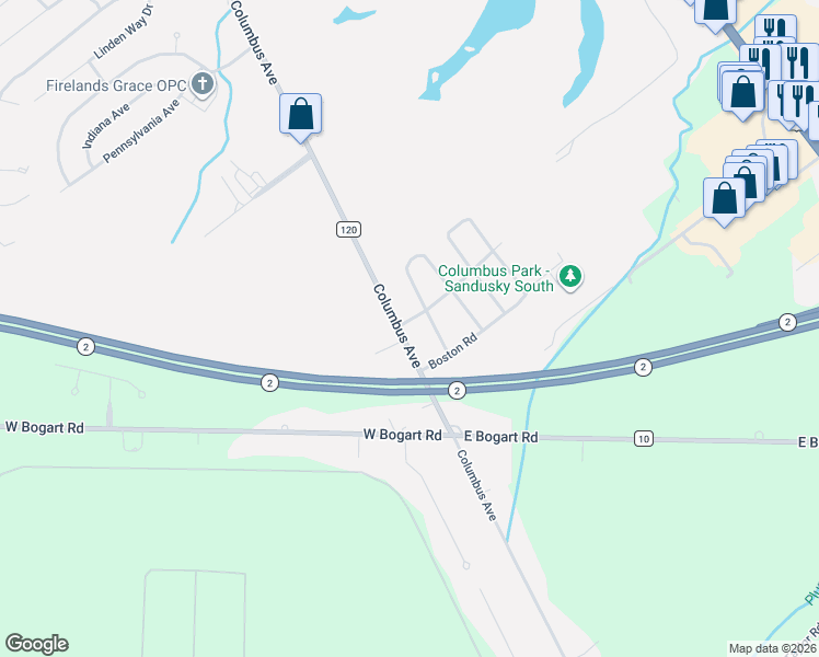 map of restaurants, bars, coffee shops, grocery stores, and more near 5011 Columbus Avenue in Sandusky