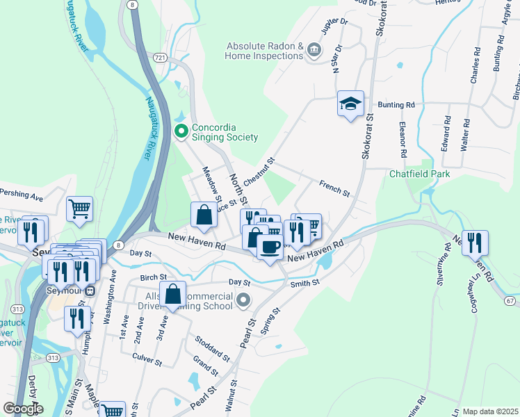 map of restaurants, bars, coffee shops, grocery stores, and more near 121 North Street in Seymour