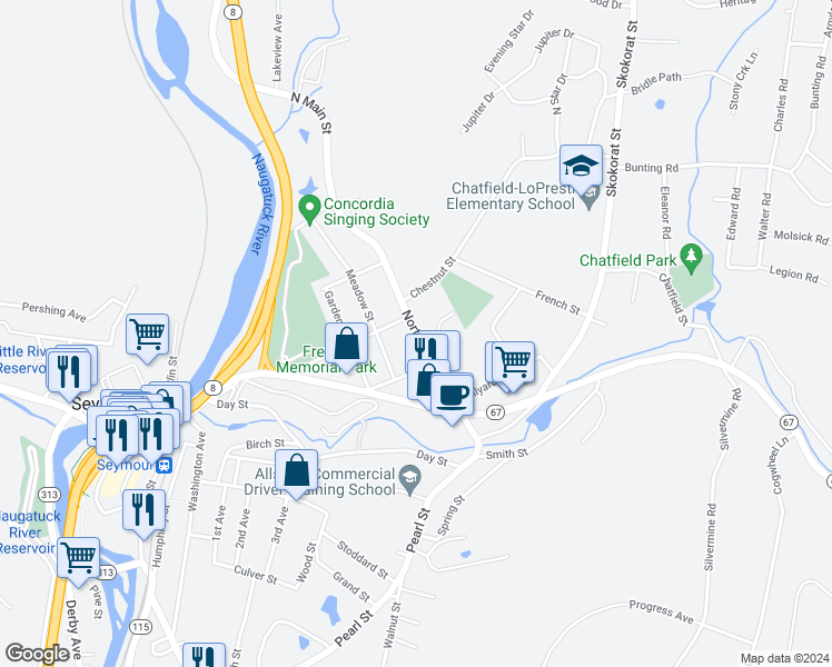 map of restaurants, bars, coffee shops, grocery stores, and more near 101 Meadow Street in Seymour