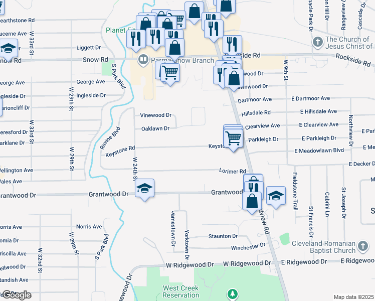 map of restaurants, bars, coffee shops, grocery stores, and more near 1904 Lorimer Road in Parma