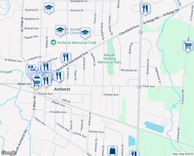 map of restaurants, bars, coffee shops, grocery stores, and more near 179 Jackson Street in Amherst