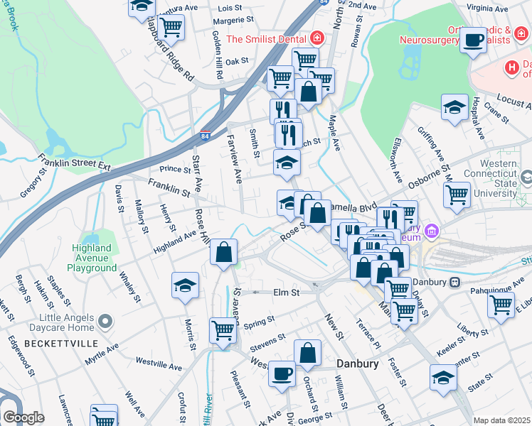 map of restaurants, bars, coffee shops, grocery stores, and more near 23 Franklin Street in Danbury
