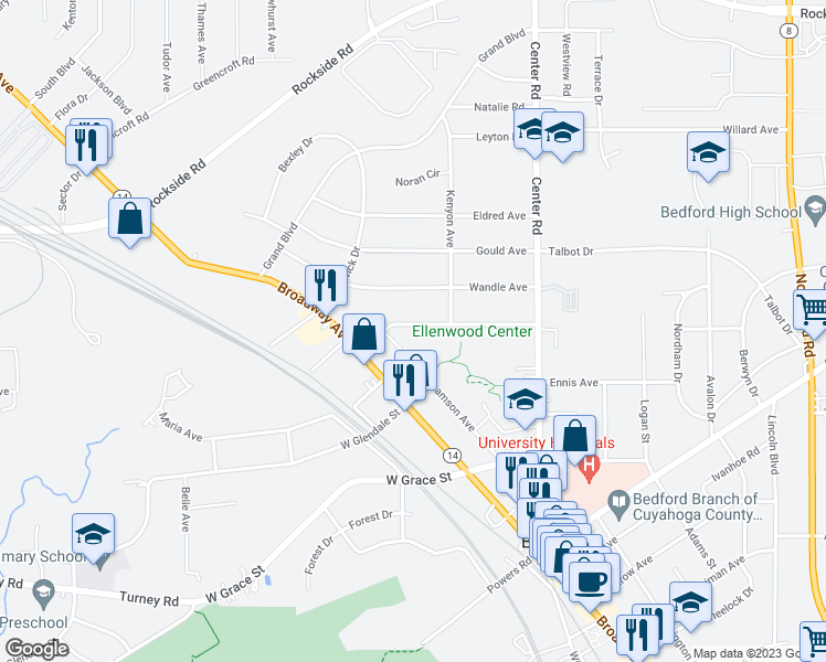 map of restaurants, bars, coffee shops, grocery stores, and more near 60 Ellenwood Avenue in Bedford
