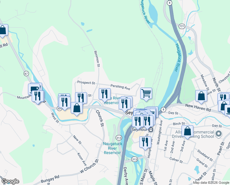 map of restaurants, bars, coffee shops, grocery stores, and more near 35 Pershing Avenue in Seymour