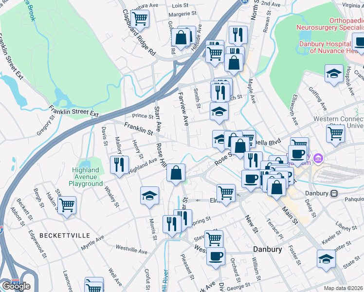 map of restaurants, bars, coffee shops, grocery stores, and more near 3 Raymond Place in Danbury