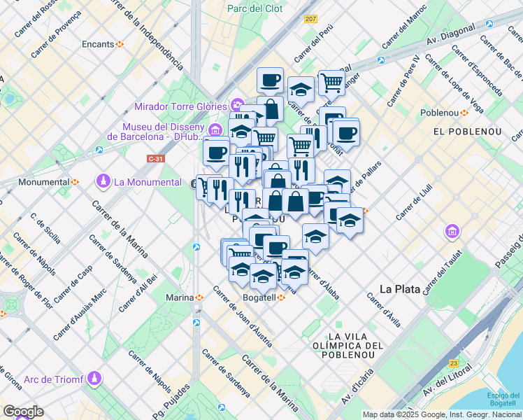 map of restaurants, bars, coffee shops, grocery stores, and more near 66 Carrer de Sancho de Ávila in Barcelona