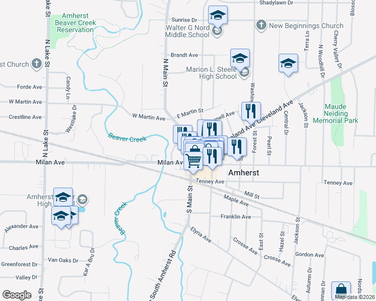 map of restaurants, bars, coffee shops, grocery stores, and more near 173 North Main Street in Amherst