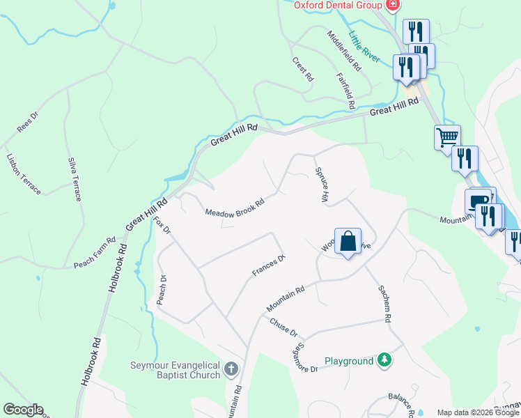 map of restaurants, bars, coffee shops, grocery stores, and more near 191 Meadow Brook Road in Oxford