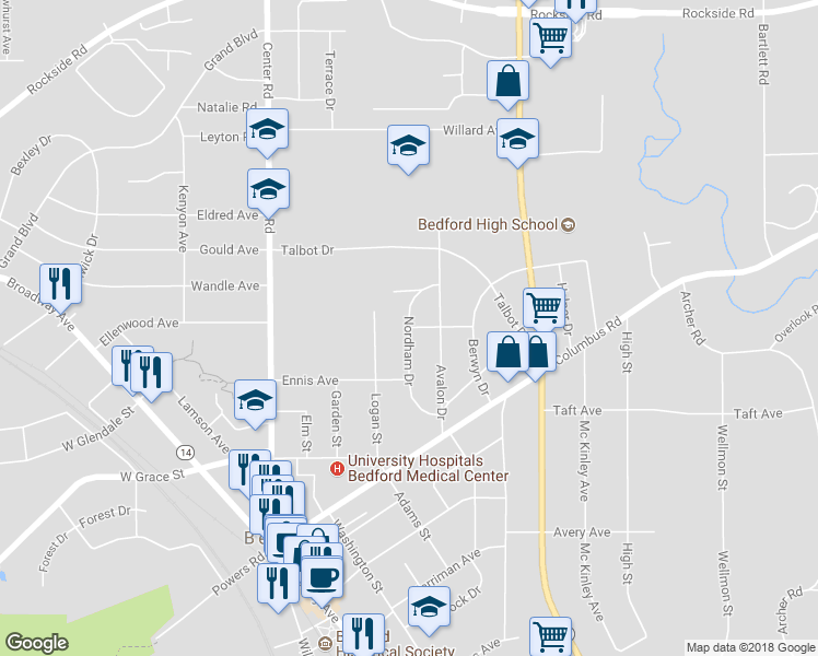 map of restaurants, bars, coffee shops, grocery stores, and more near 90 Berkshire Avenue in Bedford