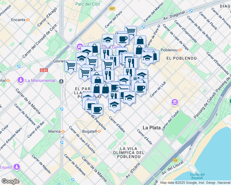 map of restaurants, bars, coffee shops, grocery stores, and more near 97 Carrer de Badajoz in Barcelona