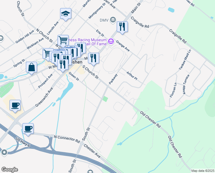 map of restaurants, bars, coffee shops, grocery stores, and more near 1 South Street in Goshen