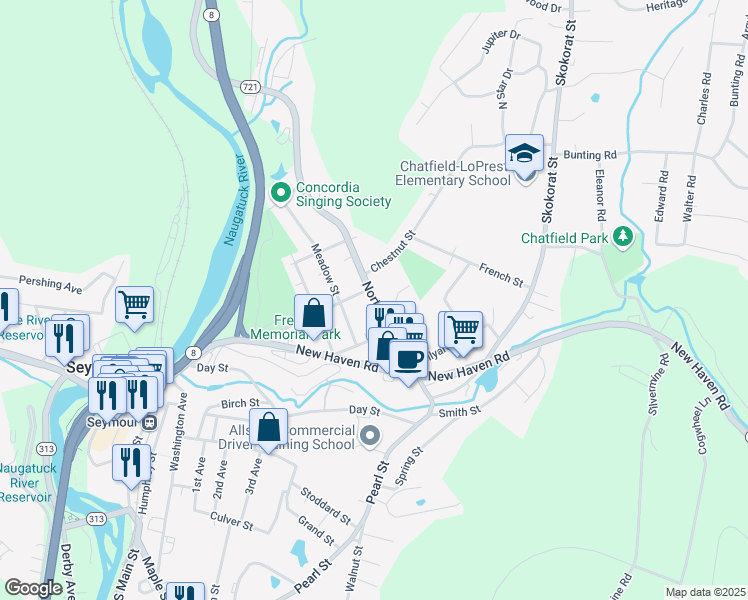 map of restaurants, bars, coffee shops, grocery stores, and more near 94 North Street in Seymour