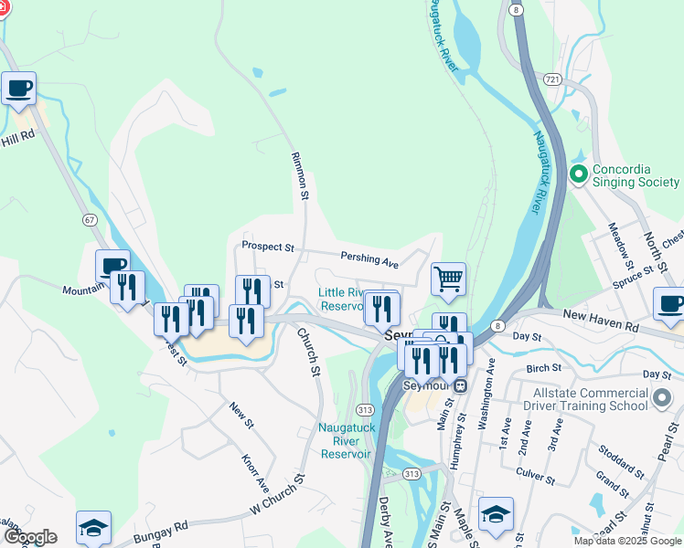 map of restaurants, bars, coffee shops, grocery stores, and more near 51 Pershing Avenue in Seymour