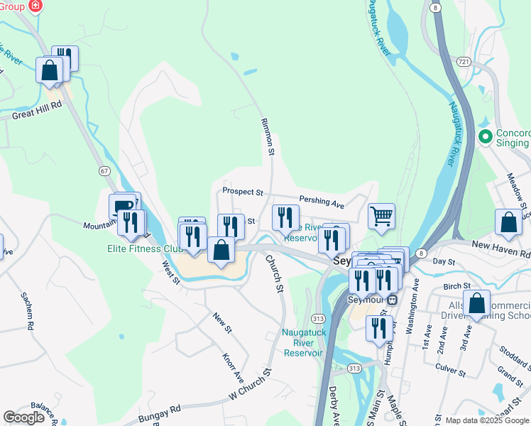 map of restaurants, bars, coffee shops, grocery stores, and more near 20 Pershing Avenue in Seymour