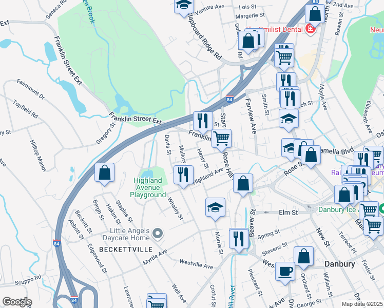 map of restaurants, bars, coffee shops, grocery stores, and more near 24 Henry Street in Danbury