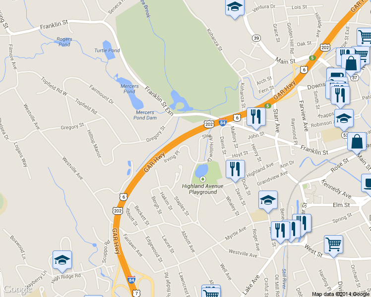map of restaurants, bars, coffee shops, grocery stores, and more near 44 Sleepy Hollow Drive in Danbury