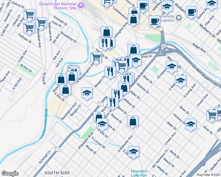 map of restaurants, bars, coffee shops, grocery stores, and more near 618 Cedar Avenue in Scranton