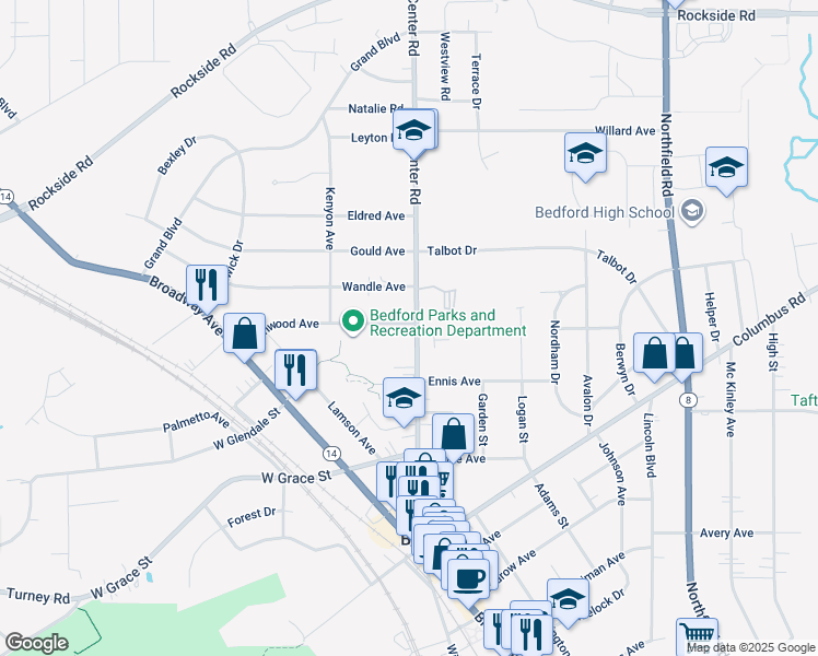 map of restaurants, bars, coffee shops, grocery stores, and more near in Bedford