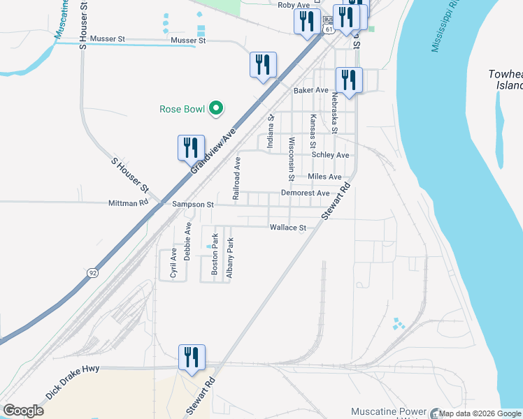 map of restaurants, bars, coffee shops, grocery stores, and more near 2110 Demorest Avenue in Muscatine
