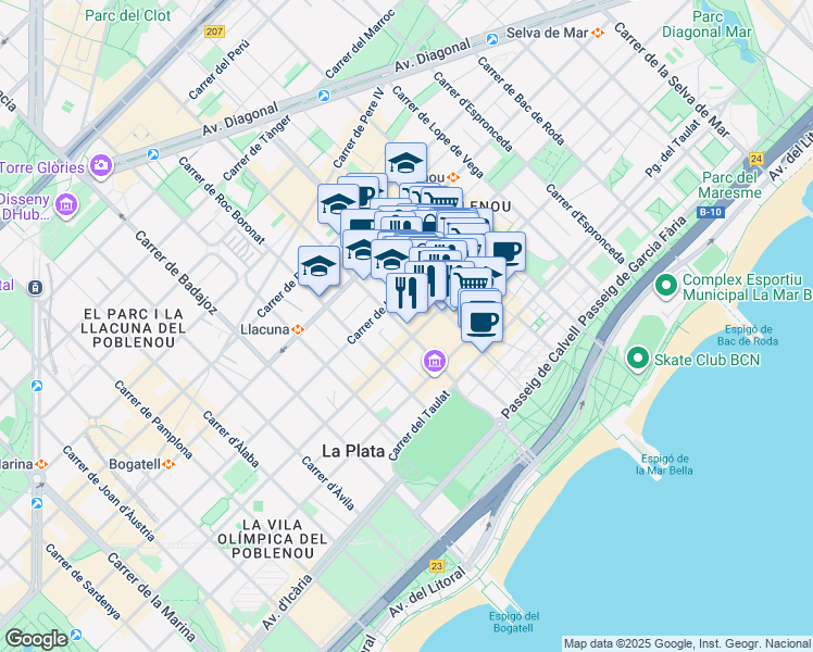 map of restaurants, bars, coffee shops, grocery stores, and more near 26 Carrer de la Llacuna in Barcelona