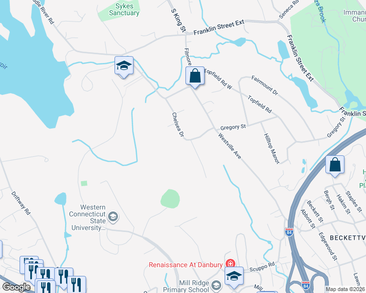 map of restaurants, bars, coffee shops, grocery stores, and more near 6 Chelsea Drive in Danbury