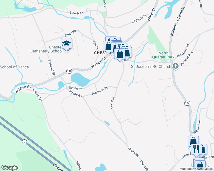 map of restaurants, bars, coffee shops, grocery stores, and more near 30 Baker Road in Chester
